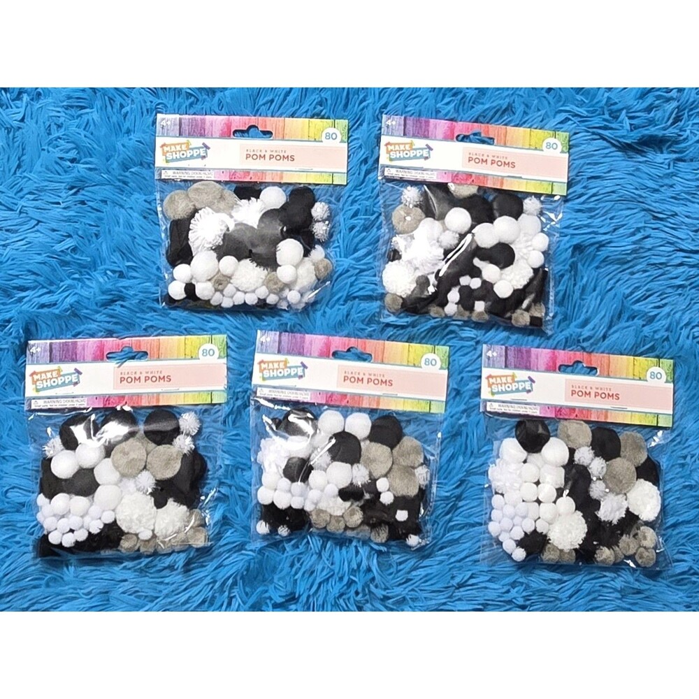 Make Shoppe Pom Poms Fun Lot Bundle For Crafters 5 Packs Of 80ct Black & White